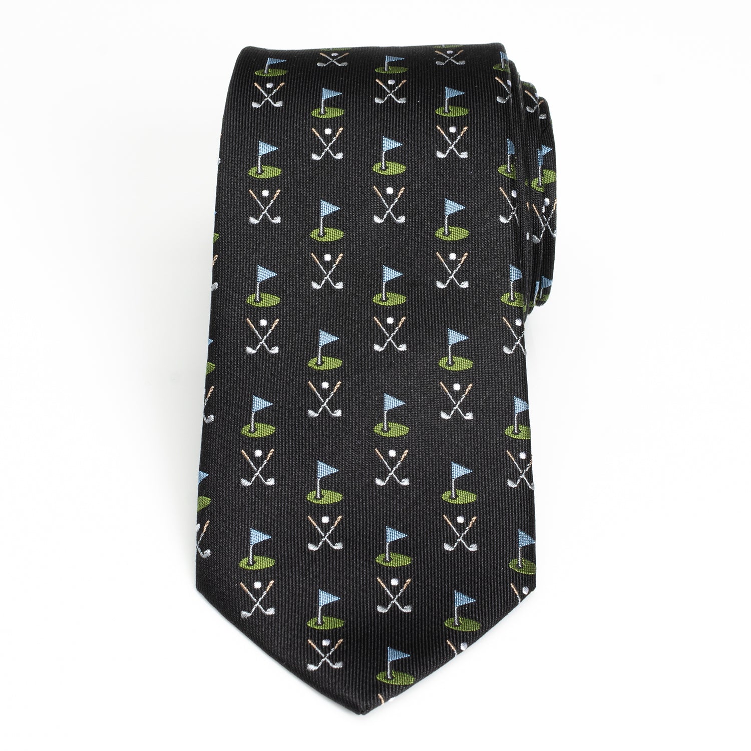 The Golf Course Black Silk Men's Tie by Cufflinks.com features small golf flags, greens, and crossed clubs in blue, green, and white—a stylish accessory for any golf enthusiast.