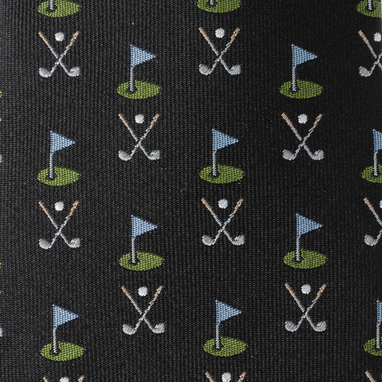 The Golf Course Black Silk Men's Tie by Cufflinks.com features small golf flags, greens, and crossed clubs in blue, green, and white—a stylish accessory for any golf enthusiast.