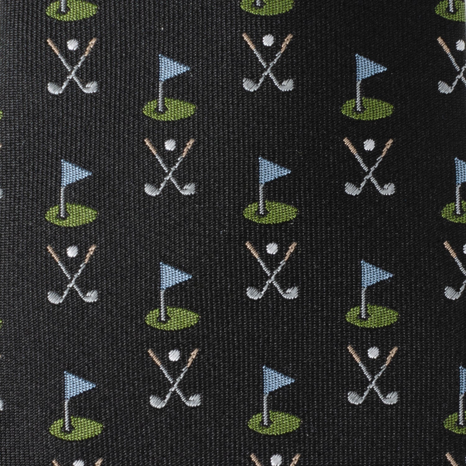 The Golf Course Black Silk Men's Tie by Cufflinks.com features small golf flags, greens, and crossed clubs in blue, green, and white—a stylish accessory for any golf enthusiast.