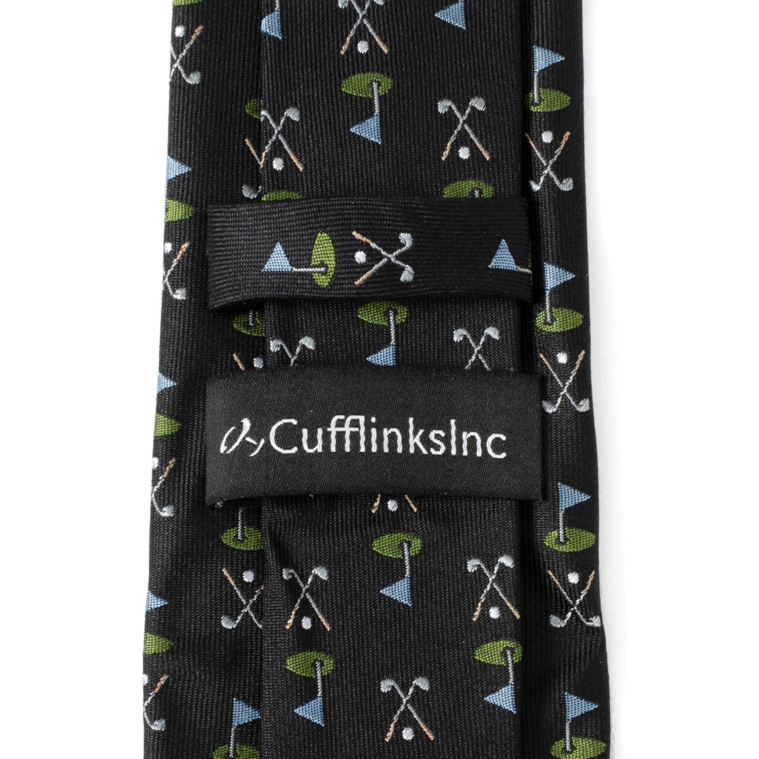 The Golf Course Black Silk Men's Tie by Cufflinks.com features small golf flags, greens, and crossed clubs in blue, green, and white—a stylish accessory for any golf enthusiast.