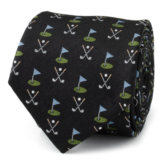 The Golf Course Black Silk Men's Tie by Cufflinks.com features small golf flags, greens, and crossed clubs in blue, green, and white—a stylish accessory for any golf enthusiast.