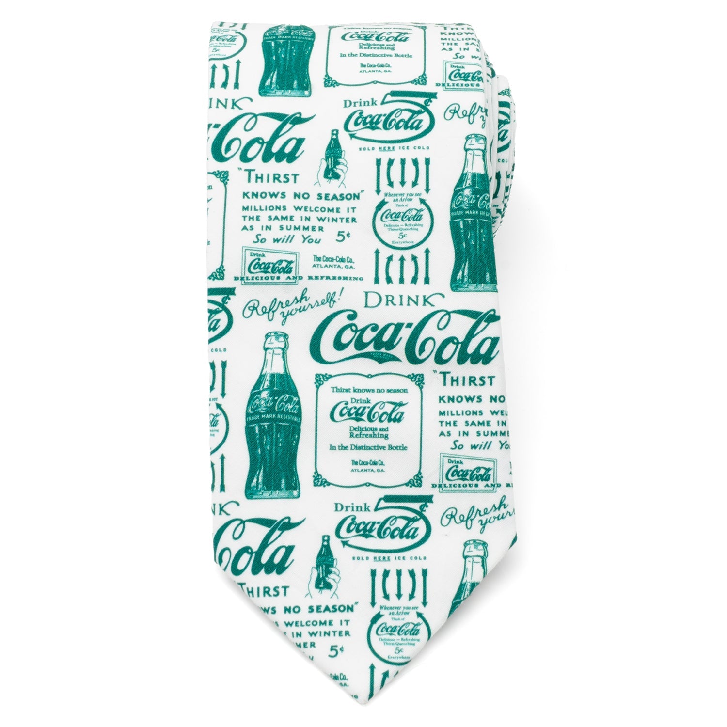 The Coca-Cola Green Bottle Men's Tie by Cufflinks.com features a white retro design with green vintage Coca-Cola ads and bottle illustrations printed across the fabric.
