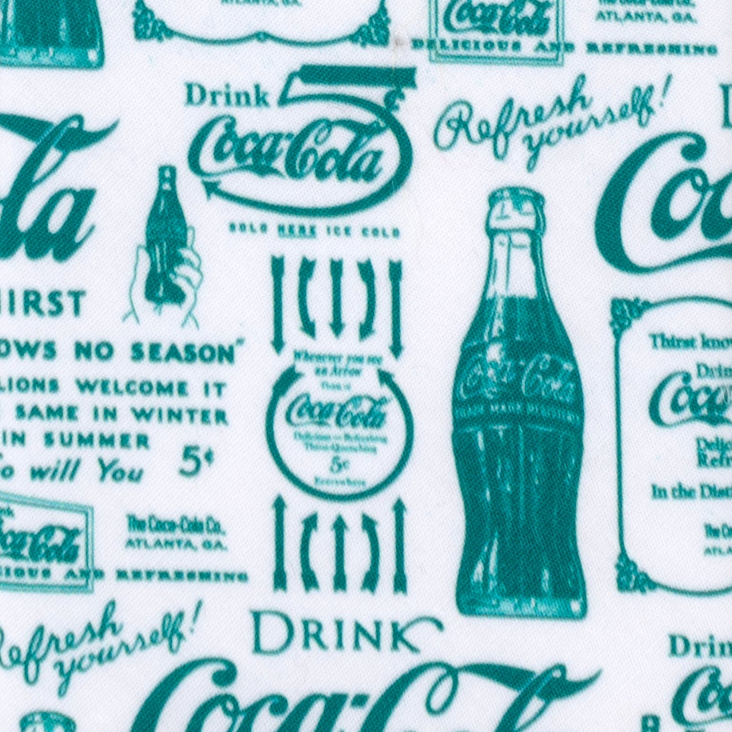 The Coca-Cola Green Bottle Men's Tie by Cufflinks.com features a white retro design with green vintage Coca-Cola ads and bottle illustrations printed across the fabric.