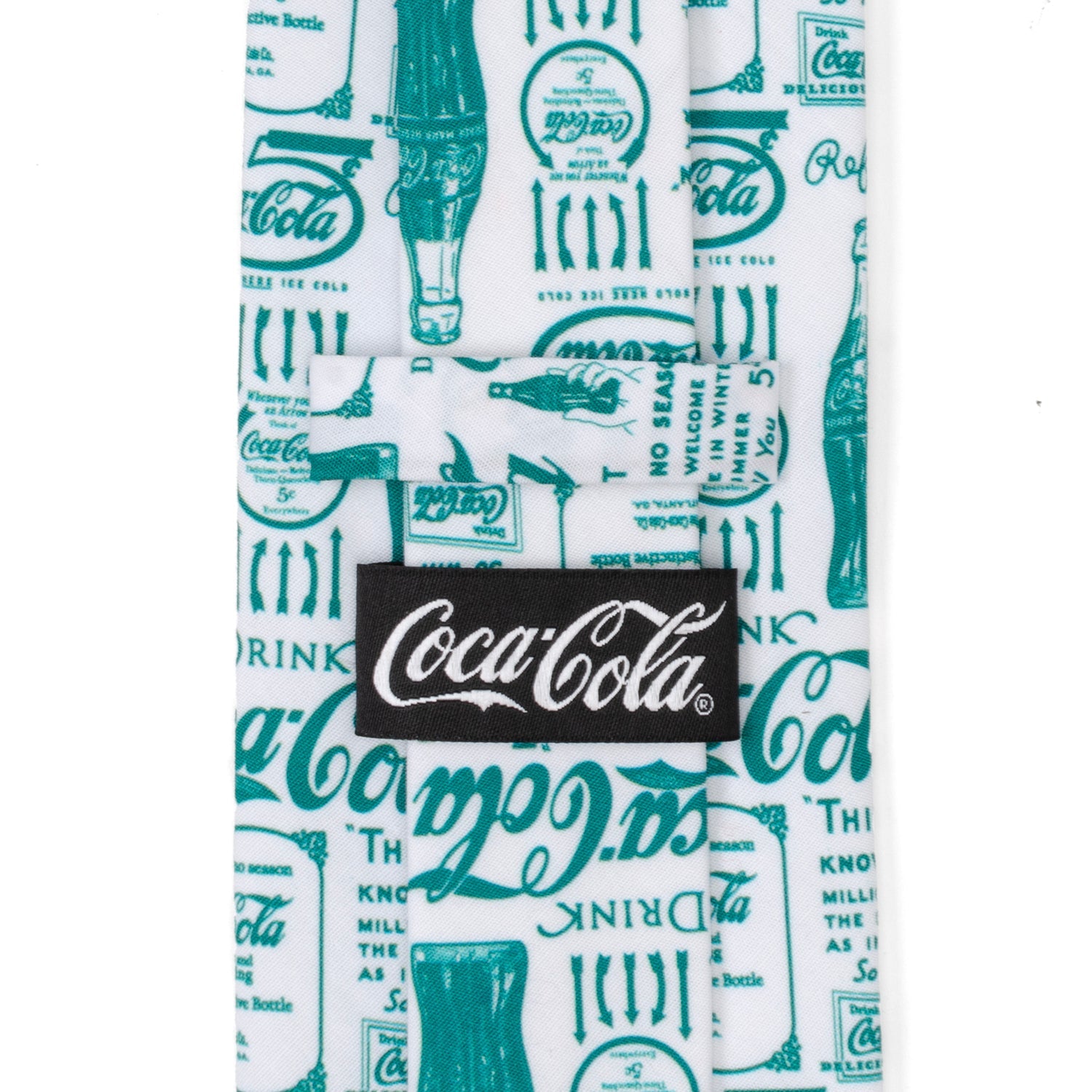 The Coca-Cola Green Bottle Men's Tie by Cufflinks.com features a white retro design with green vintage Coca-Cola ads and bottle illustrations printed across the fabric.