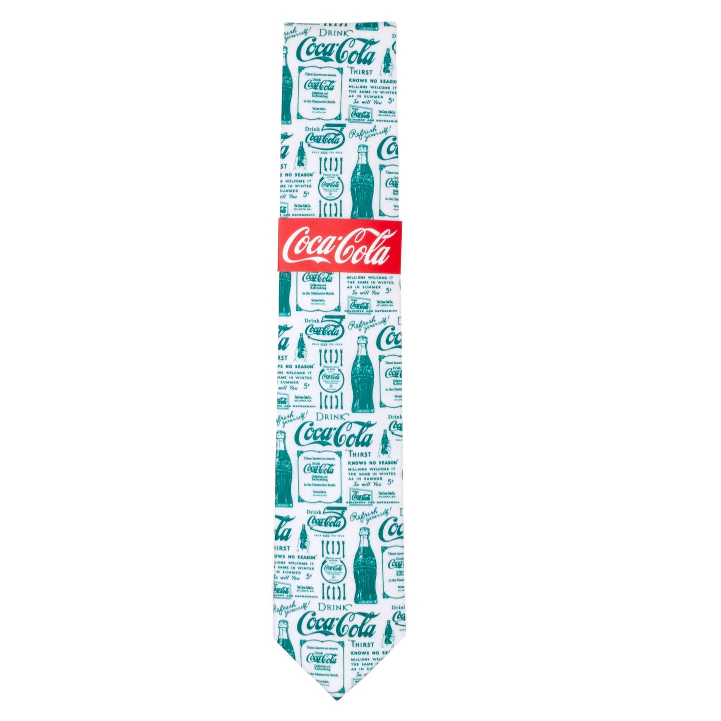 The Coca-Cola Green Bottle Men's Tie by Cufflinks.com features a white retro design with green vintage Coca-Cola ads and bottle illustrations printed across the fabric.