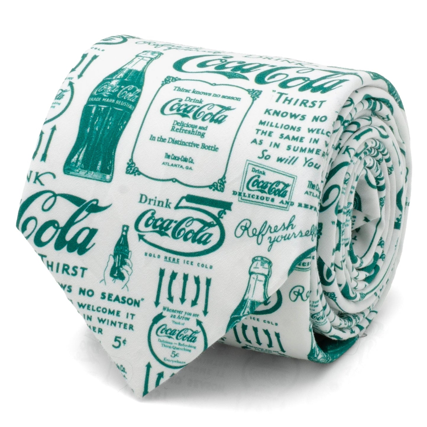 The Coca-Cola Green Bottle Men's Tie by Cufflinks.com features a white retro design with green vintage Coca-Cola ads and bottle illustrations printed across the fabric.