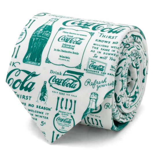 The Coca-Cola Green Bottle Men's Tie by Cufflinks.com features a white retro design with green vintage Coca-Cola ads and bottle illustrations printed across the fabric.