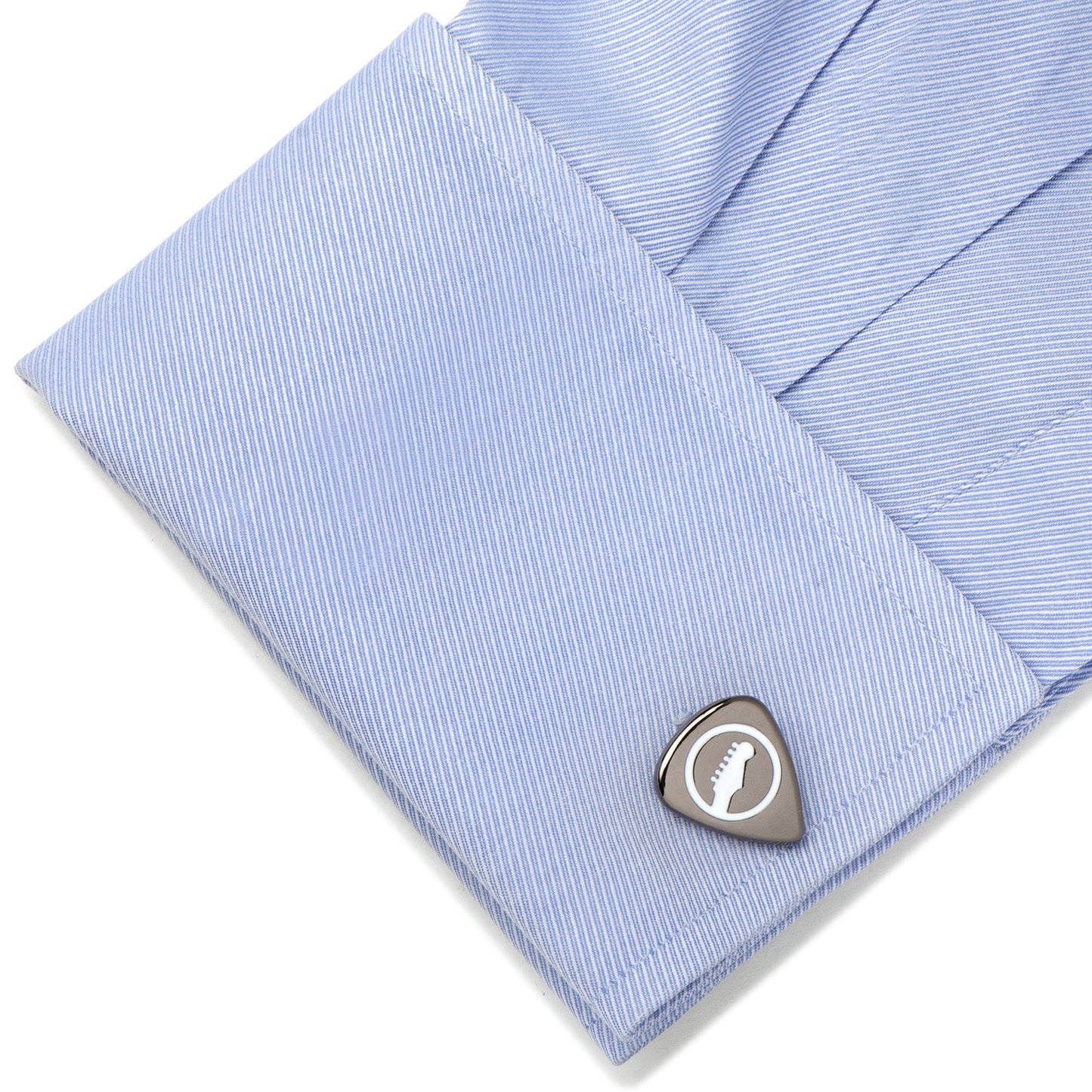Black Guitar Pick Cufflinks by Cufflinks.com feature a white guitar headstock icon on a gray background—ideal for music lovers or as a distinctive gift for guitar players.
