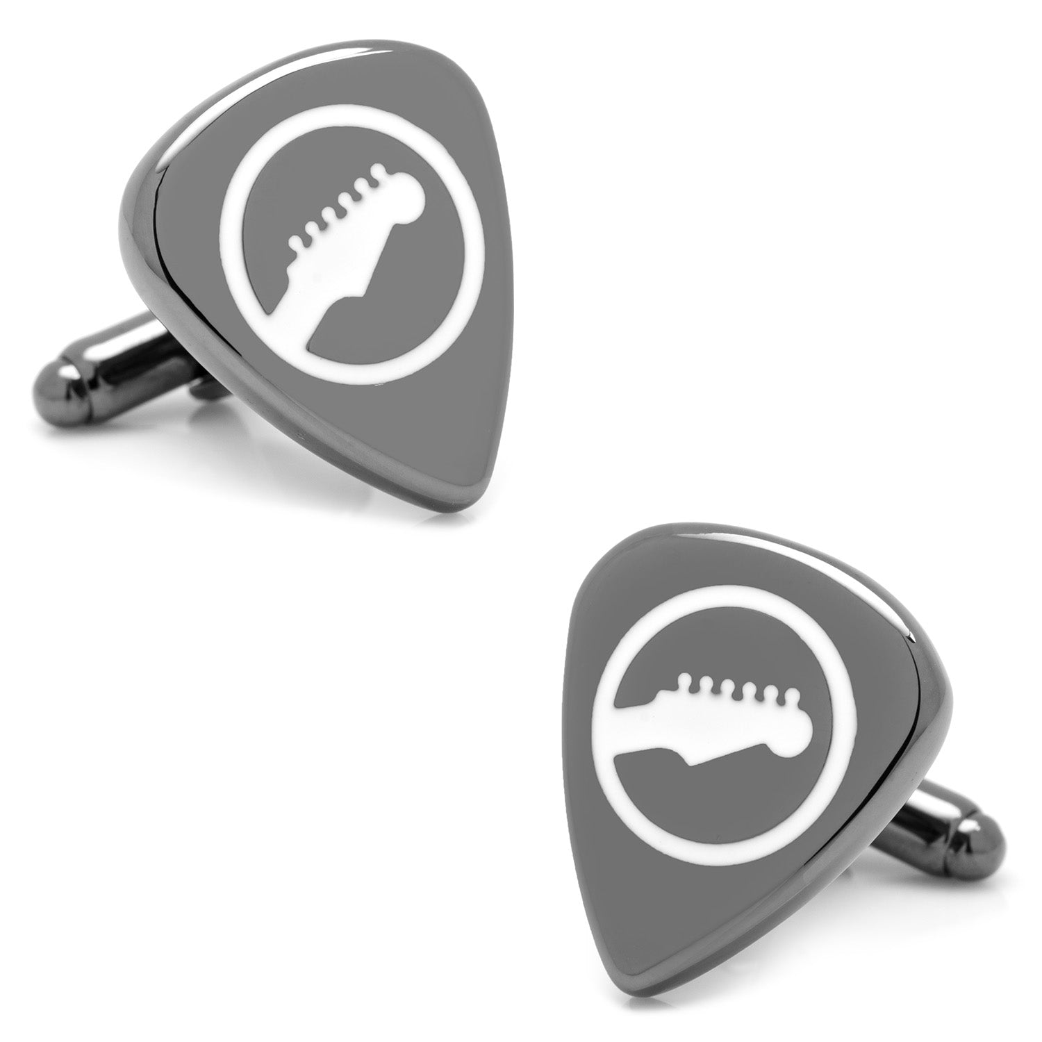 Black Guitar Pick Cufflinks by Cufflinks.com feature a white guitar headstock icon on a gray background—ideal for music lovers or as a distinctive gift for guitar players.