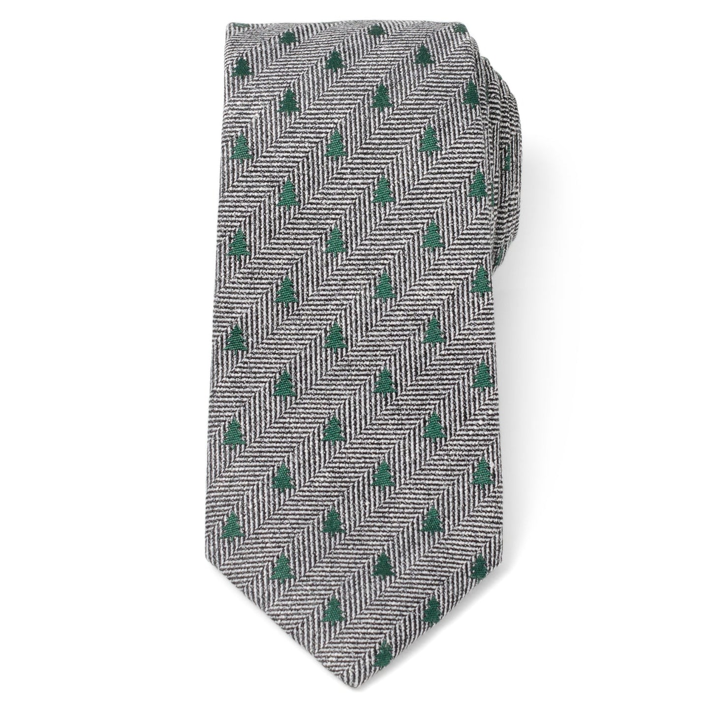 The Holiday Tree Herringbone Tie by Cufflinks.com features a black and white herringbone pattern adorned with small green tree motifs for a subtle, stylish look.