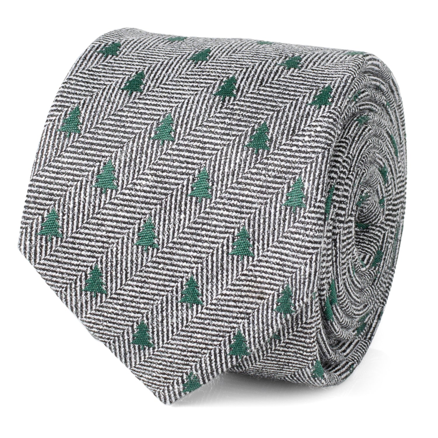The Holiday Tree Herringbone Tie by Cufflinks.com features a black and white herringbone pattern adorned with small green tree motifs for a subtle, stylish look.