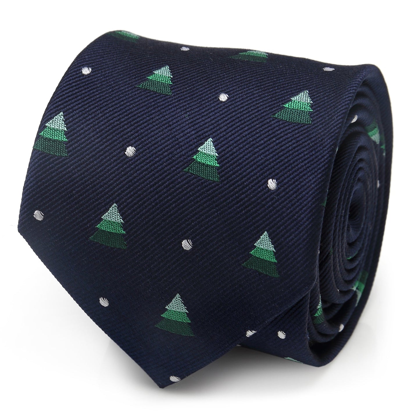 The Holiday Tree Tie and Sock Gift Set by Cufflinks.com includes a navy silk tie and matching socks with green Christmas trees, white dots, and festive red accents—making it a perfect holiday gift.