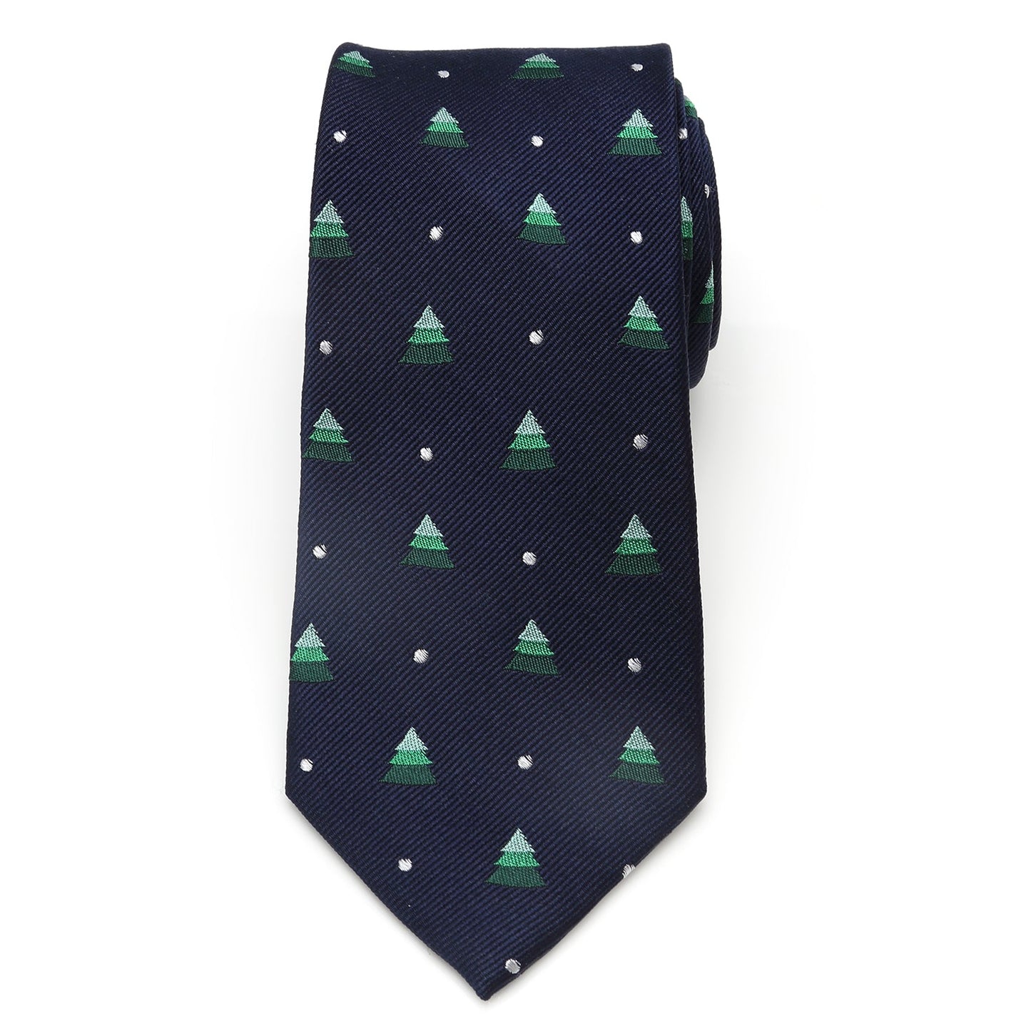 The Holiday Tree Tie and Sock Gift Set by Cufflinks.com includes a navy silk tie and matching socks with green Christmas trees, white dots, and festive red accents—making it a perfect holiday gift.