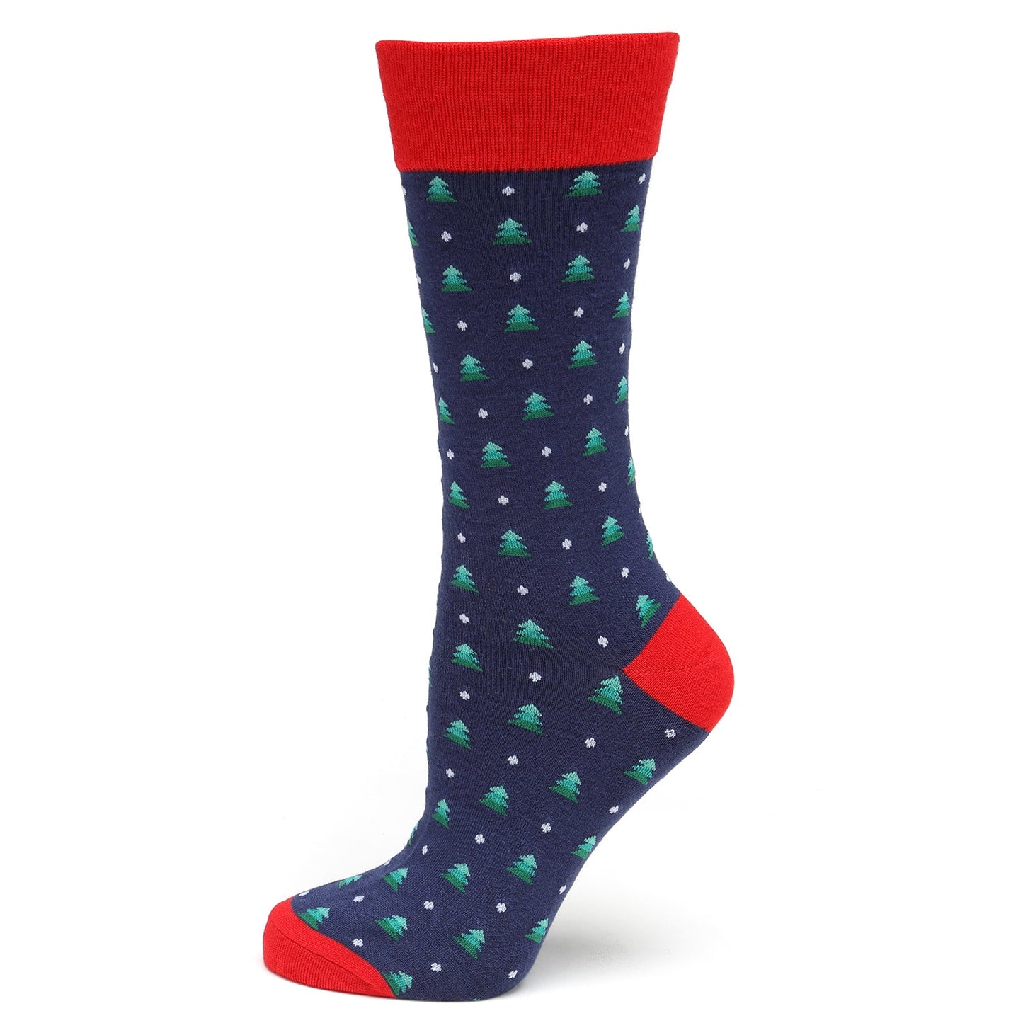 The Holiday Tree Tie and Sock Gift Set by Cufflinks.com includes a navy silk tie and matching socks with green Christmas trees, white dots, and festive red accents—making it a perfect holiday gift.