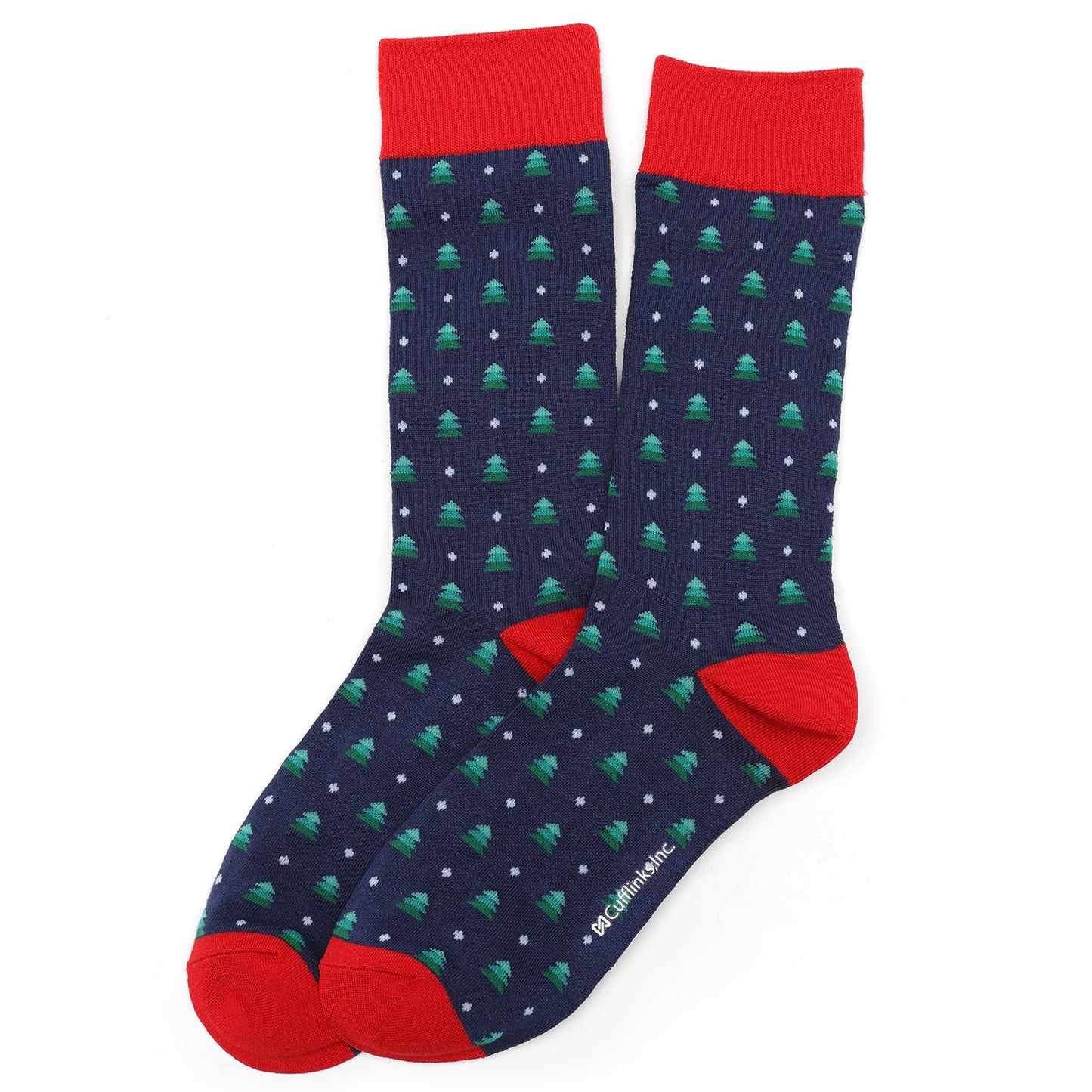 The Holiday Tree Tie and Sock Gift Set by Cufflinks.com includes a navy silk tie and matching socks with green Christmas trees, white dots, and festive red accents—making it a perfect holiday gift.