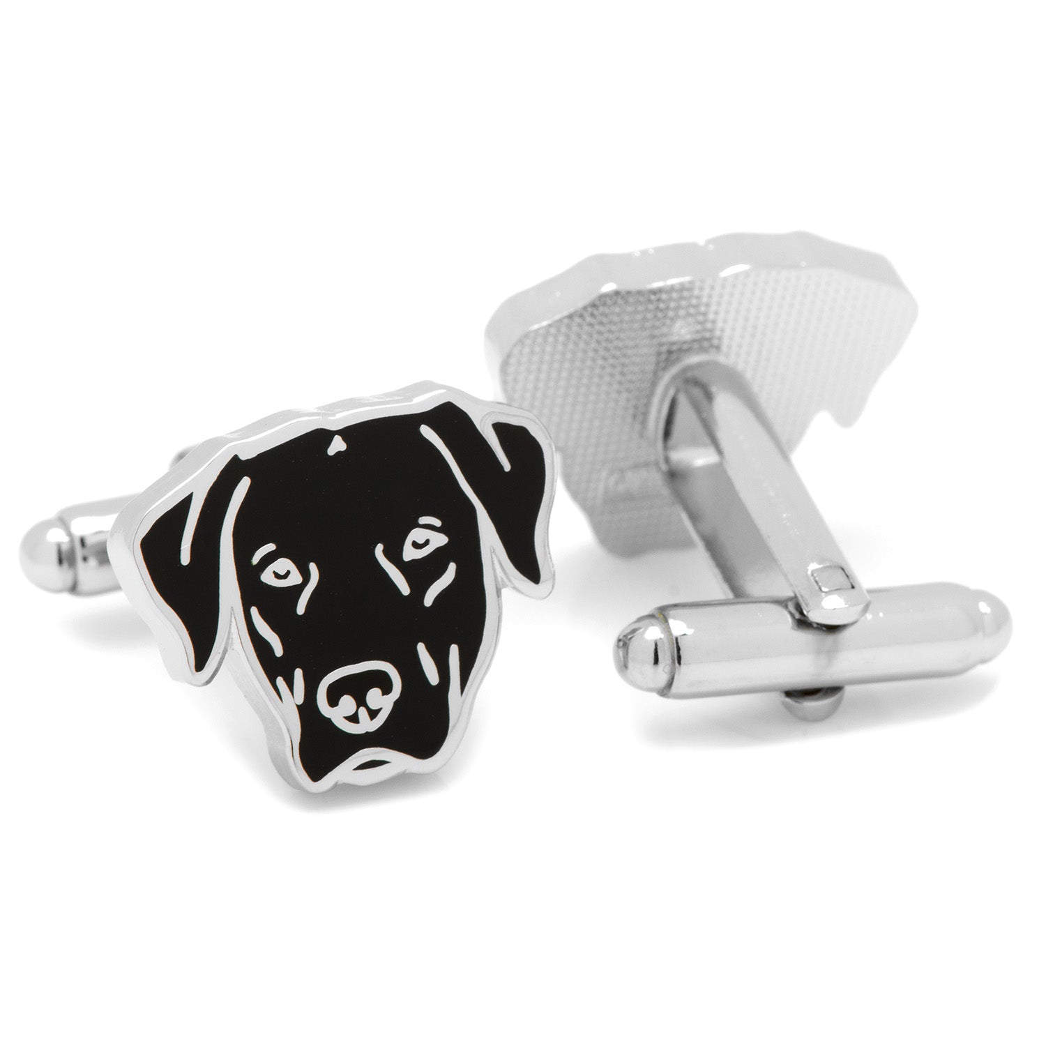 Black Labrador Cufflinks by Cufflinks.com feature black dog head shapes with white outlines on a white background—perfect gift for dog lovers.