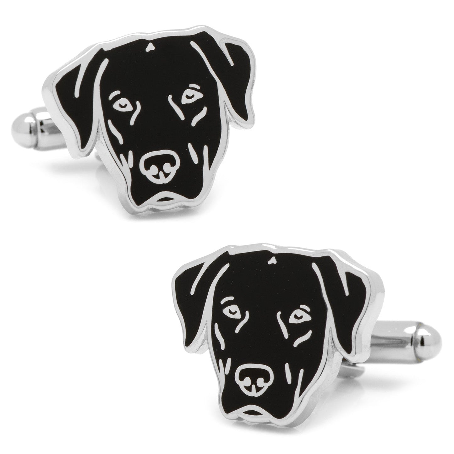 Black Labrador Cufflinks by Cufflinks.com feature black dog head shapes with white outlines on a white background—perfect gift for dog lovers.