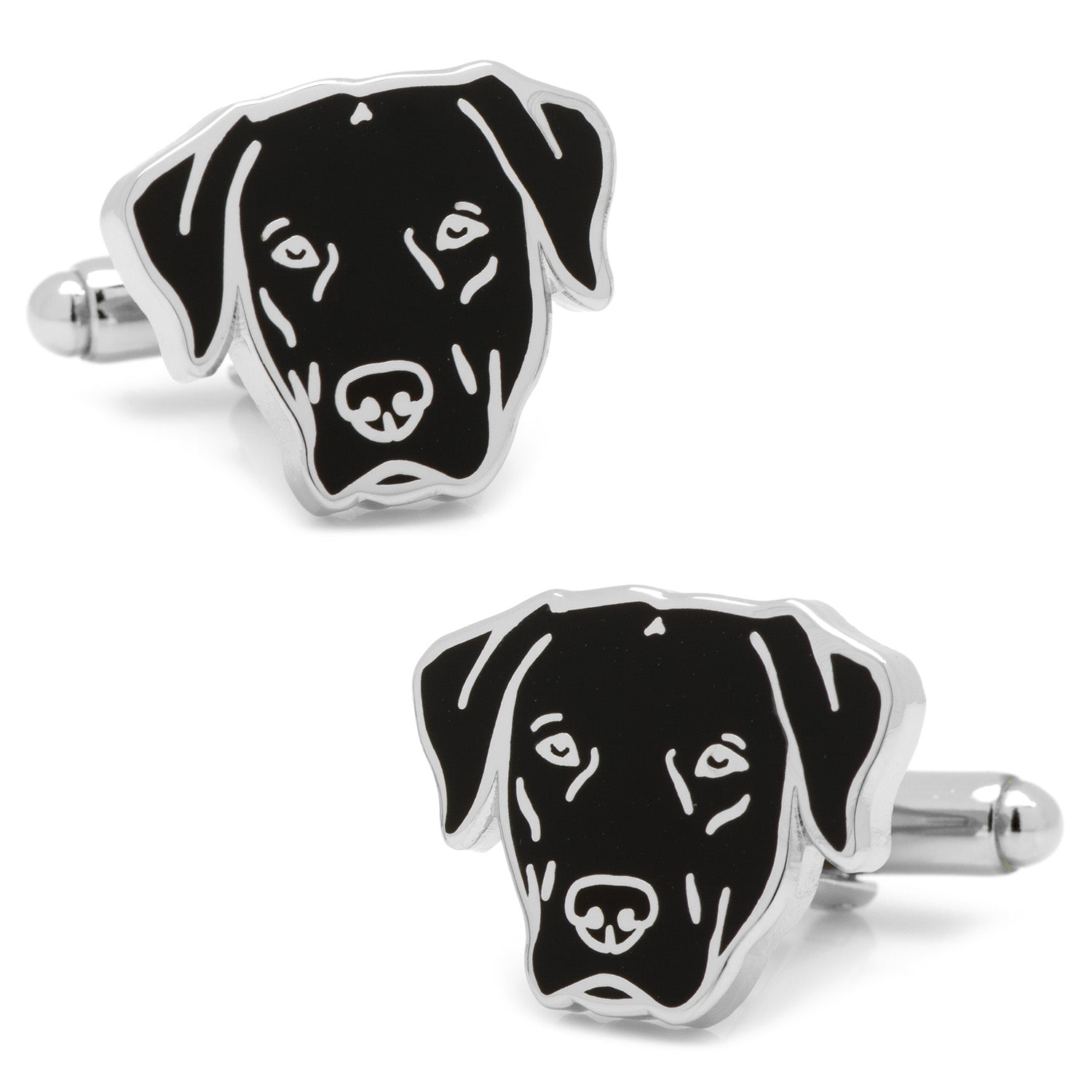 Black Labrador Cufflinks by Cufflinks.com feature black dog head shapes with white outlines on a white background—perfect gift for dog lovers.