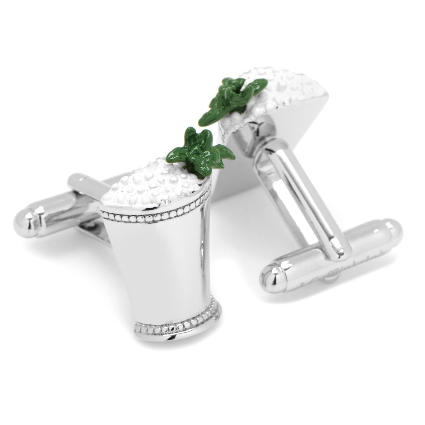 Celebrate the Kentucky Derby with Mint Julep Cufflinks by Cufflinks.com, styled as silver cups with ice and mint to capture the event’s iconic spirit.