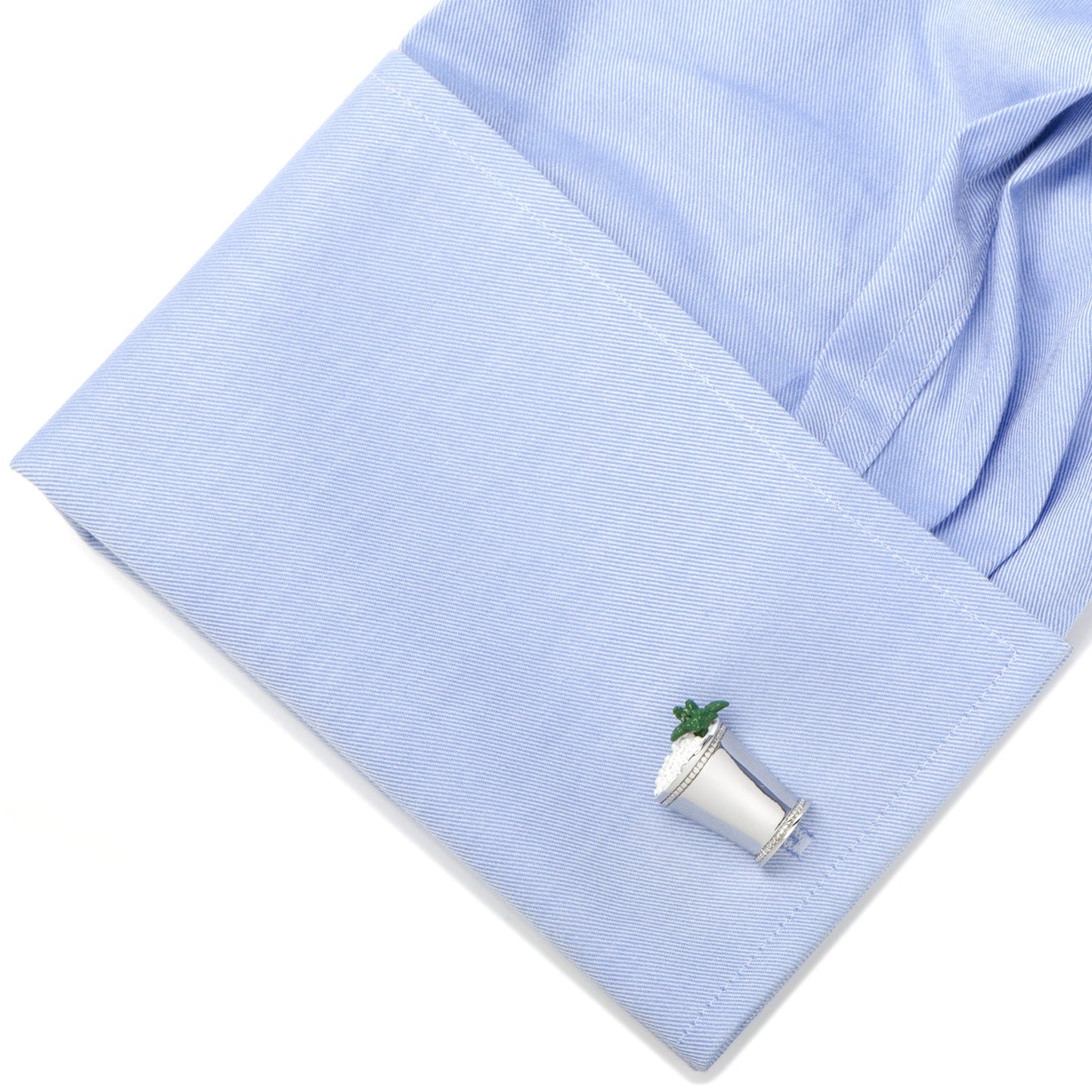 Celebrate the Kentucky Derby with Mint Julep Cufflinks by Cufflinks.com, styled as silver cups with ice and mint to capture the event’s iconic spirit.