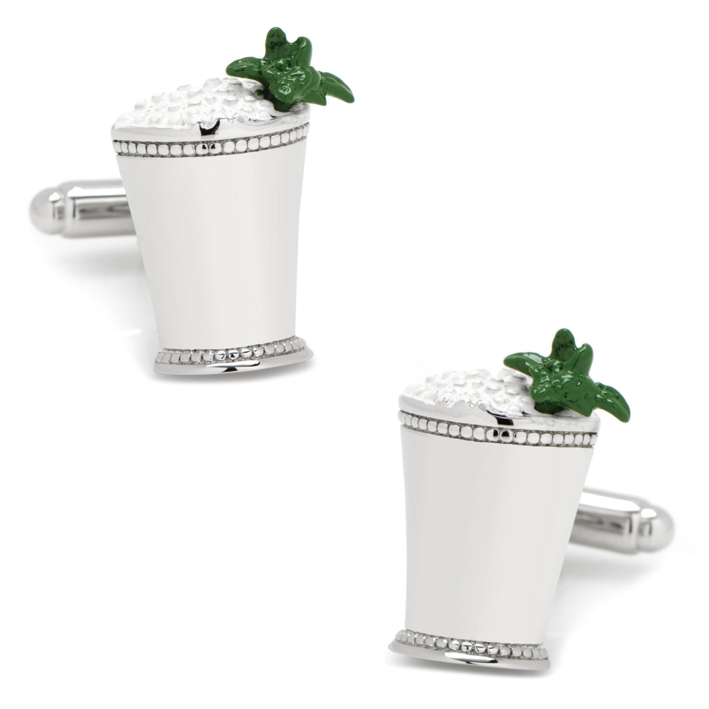Celebrate the Kentucky Derby with Mint Julep Cufflinks by Cufflinks.com, styled as silver cups with ice and mint to capture the event’s iconic spirit.
