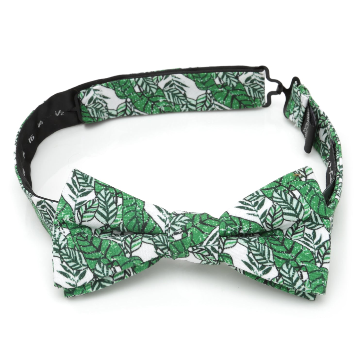 The Palm Leaf Men’s Bow Tie by Cufflinks.com features a green and white leaf pattern on cotton, pre-tied for convenience—perfect for beach weddings and shown against a plain white background.