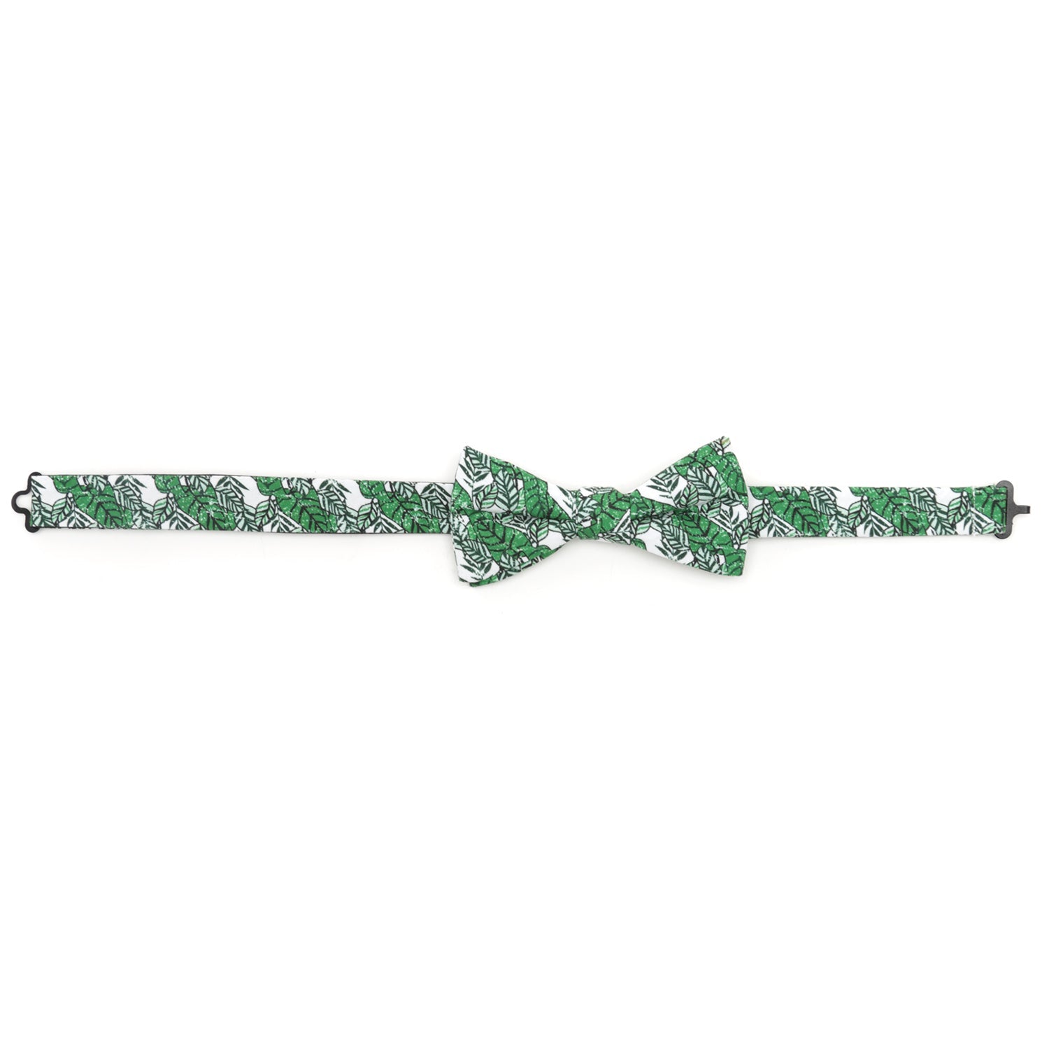 The Palm Leaf Men’s Bow Tie by Cufflinks.com features a green and white leaf pattern on cotton, pre-tied for convenience—perfect for beach weddings and shown against a plain white background.