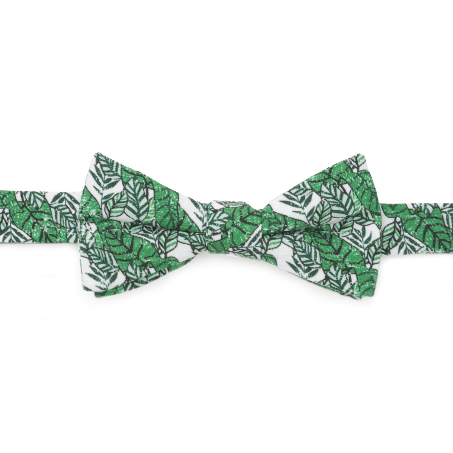 The Palm Leaf Men’s Bow Tie by Cufflinks.com features a green and white leaf pattern on cotton, pre-tied for convenience—perfect for beach weddings and shown against a plain white background.