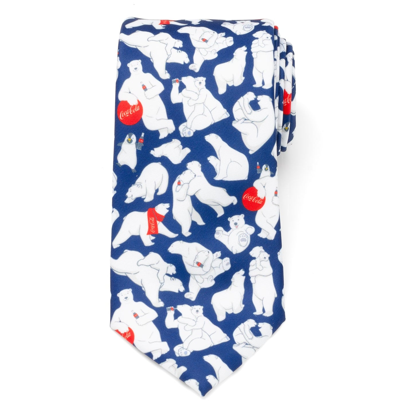The Coca-Cola Polar Bear Navy Blue Men's Tie by Cufflinks.com features a festive pattern of white polar bears with red and white bottles—an ideal holiday accessory for fans of Coca-Cola.