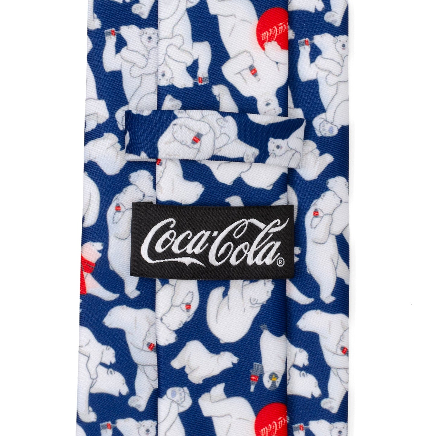 The Coca-Cola Polar Bear Navy Blue Men's Tie by Cufflinks.com features a festive pattern of white polar bears with red and white bottles—an ideal holiday accessory for fans of Coca-Cola.