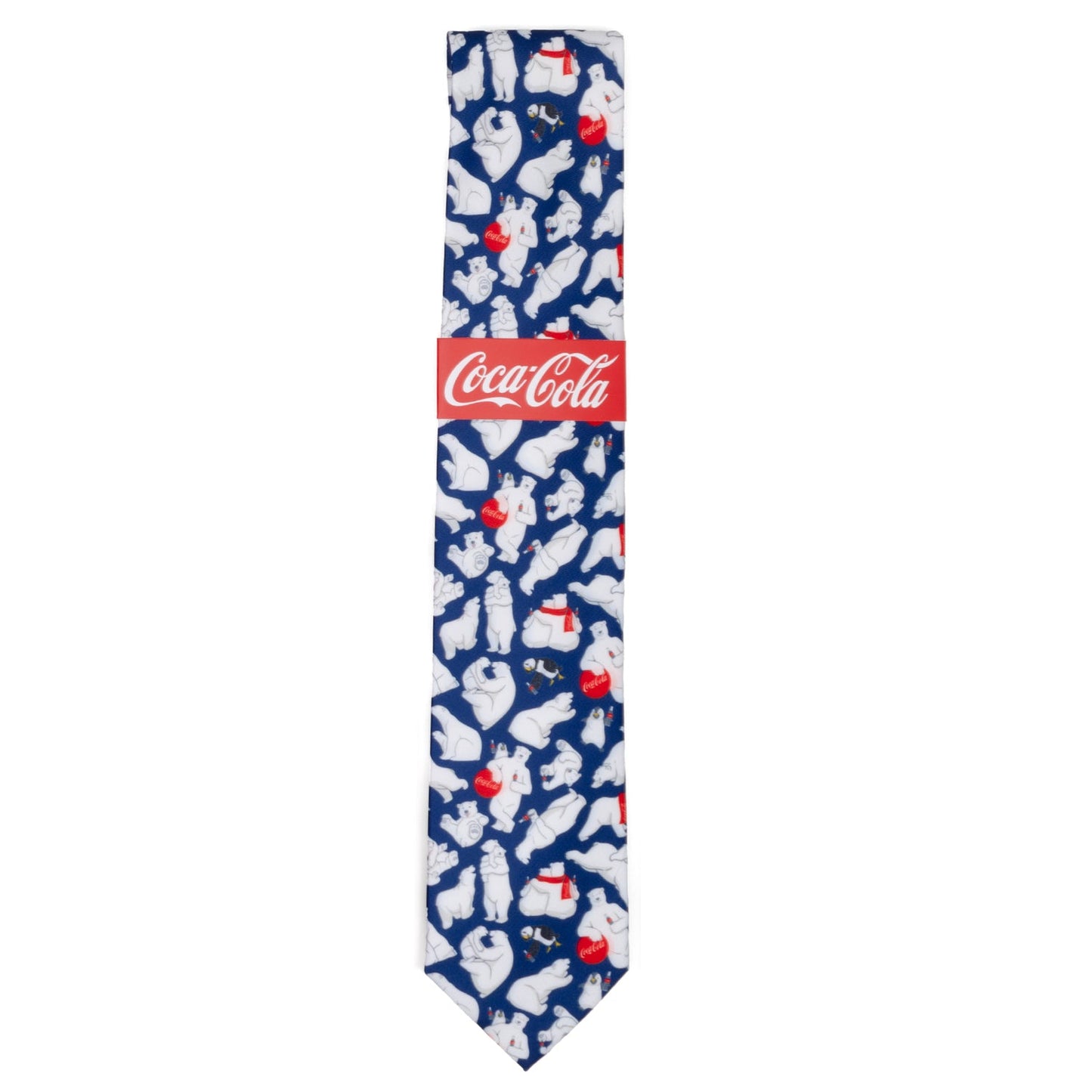 The Coca-Cola Polar Bear Navy Blue Men's Tie by Cufflinks.com features a festive pattern of white polar bears with red and white bottles—an ideal holiday accessory for fans of Coca-Cola.