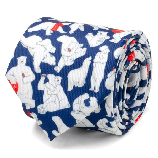 The Coca-Cola Polar Bear Navy Blue Men's Tie by Cufflinks.com features a festive pattern of white polar bears with red and white bottles—an ideal holiday accessory for fans of Coca-Cola.