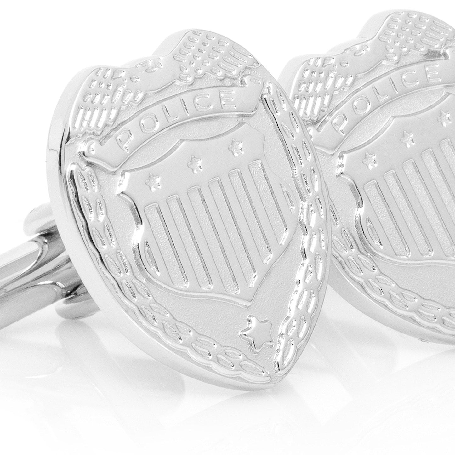 Silver Police Badge Cufflinks by Cufflinks.com—shield-shaped, silver plated, engraved with eagle designs—a classic accessory that honors the service and dedication of the police force.