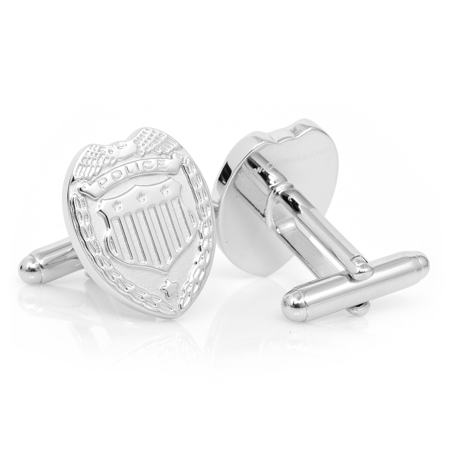 Silver Police Badge Cufflinks by Cufflinks.com—shield-shaped, silver plated, engraved with eagle designs—a classic accessory that honors the service and dedication of the police force.