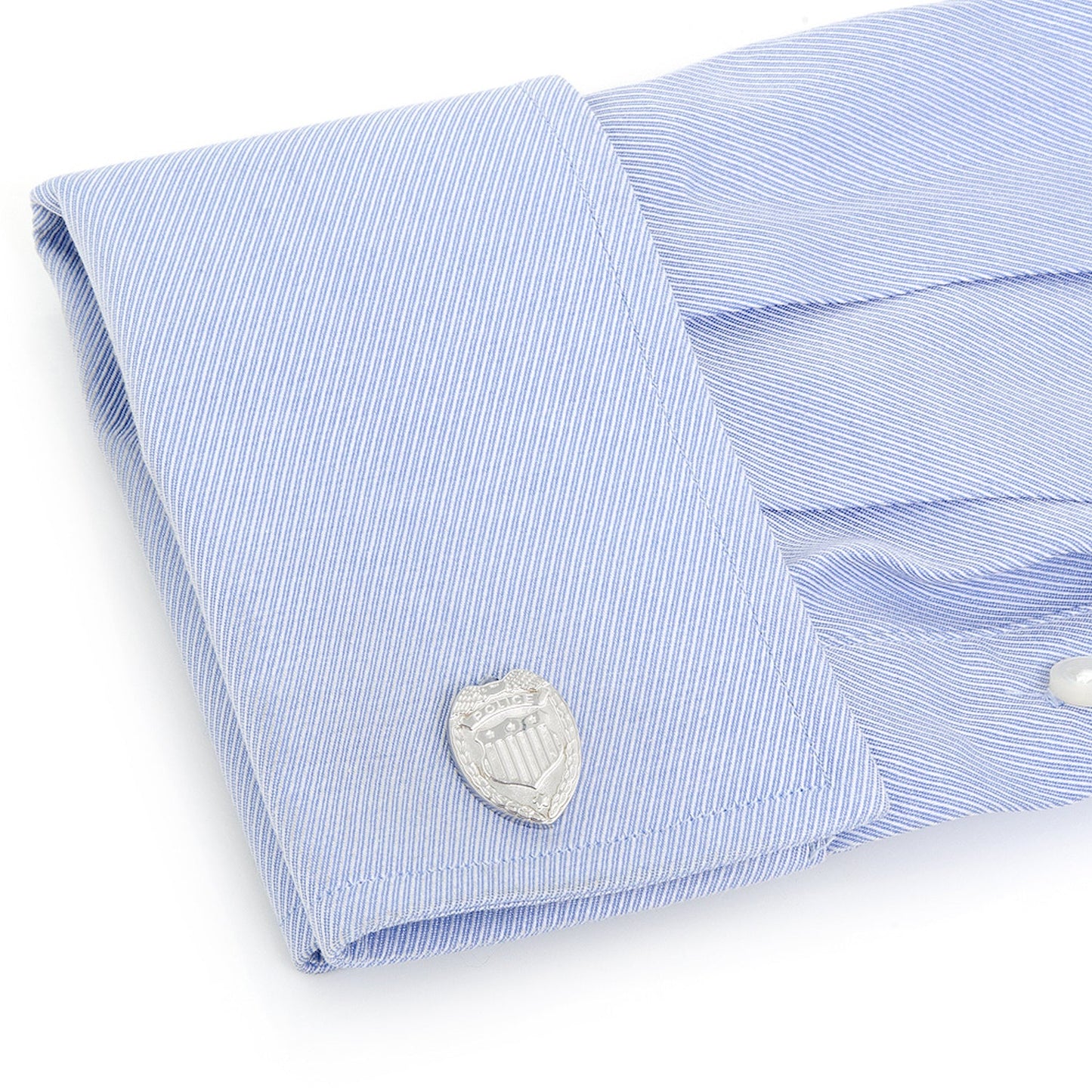 Silver Police Badge Cufflinks by Cufflinks.com—shield-shaped, silver plated, engraved with eagle designs—a classic accessory that honors the service and dedication of the police force.