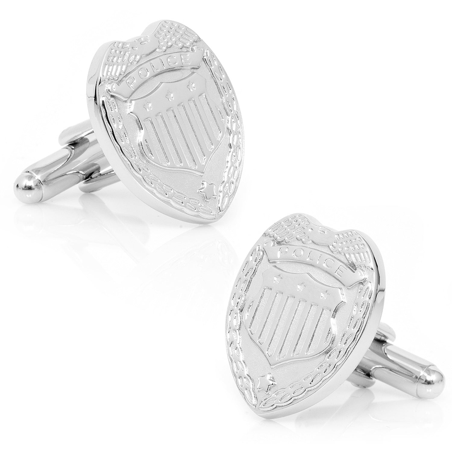 Silver Police Badge Cufflinks by Cufflinks.com—shield-shaped, silver plated, engraved with eagle designs—a classic accessory that honors the service and dedication of the police force.