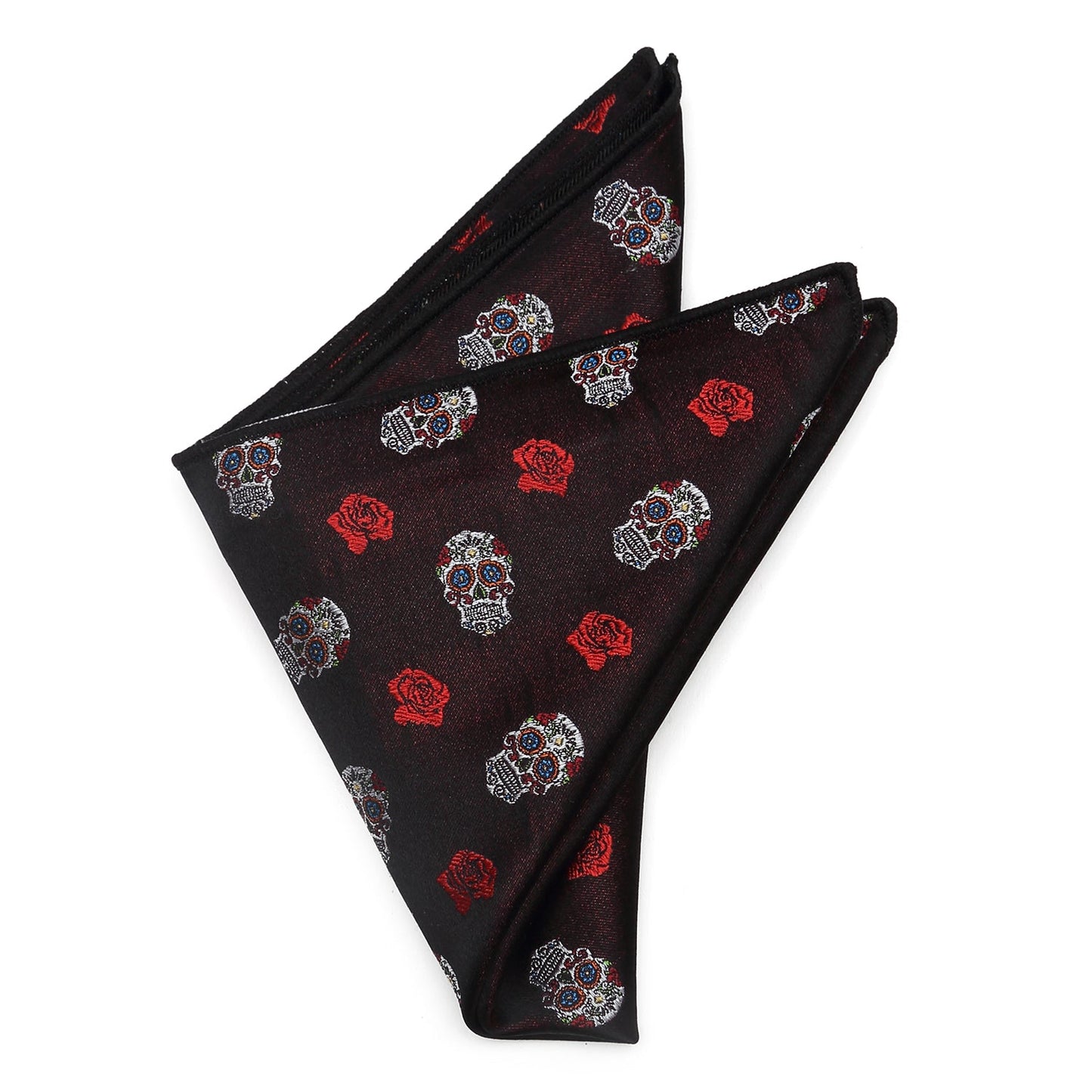 The Sugar Skull Pocket Square by Cufflinks.com features a dark red fabric with white skulls and red roses—perfect as a Day of the Dead or calavera accessory.