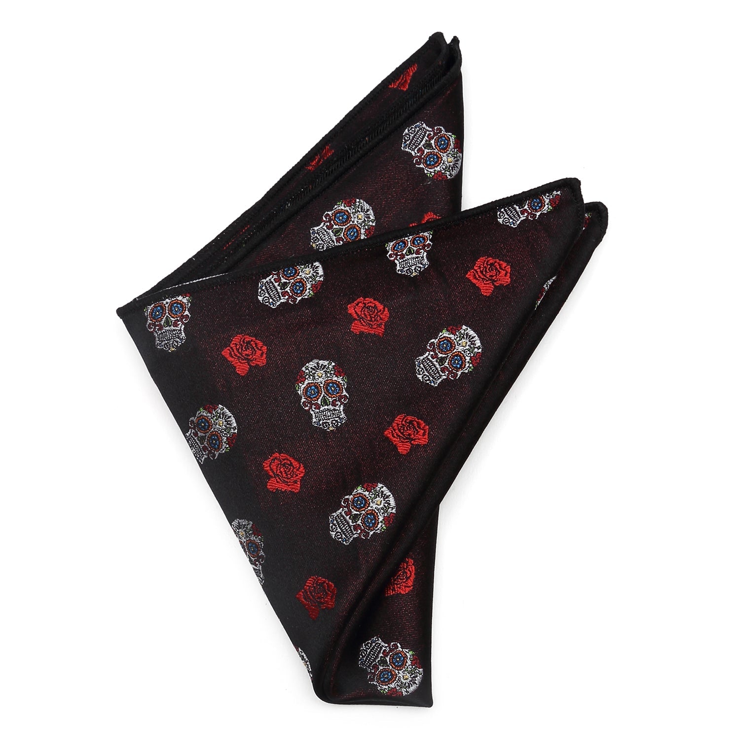 The Sugar Skull Pocket Square by Cufflinks.com features a dark red fabric with white skulls and red roses—perfect as a Day of the Dead or calavera accessory.