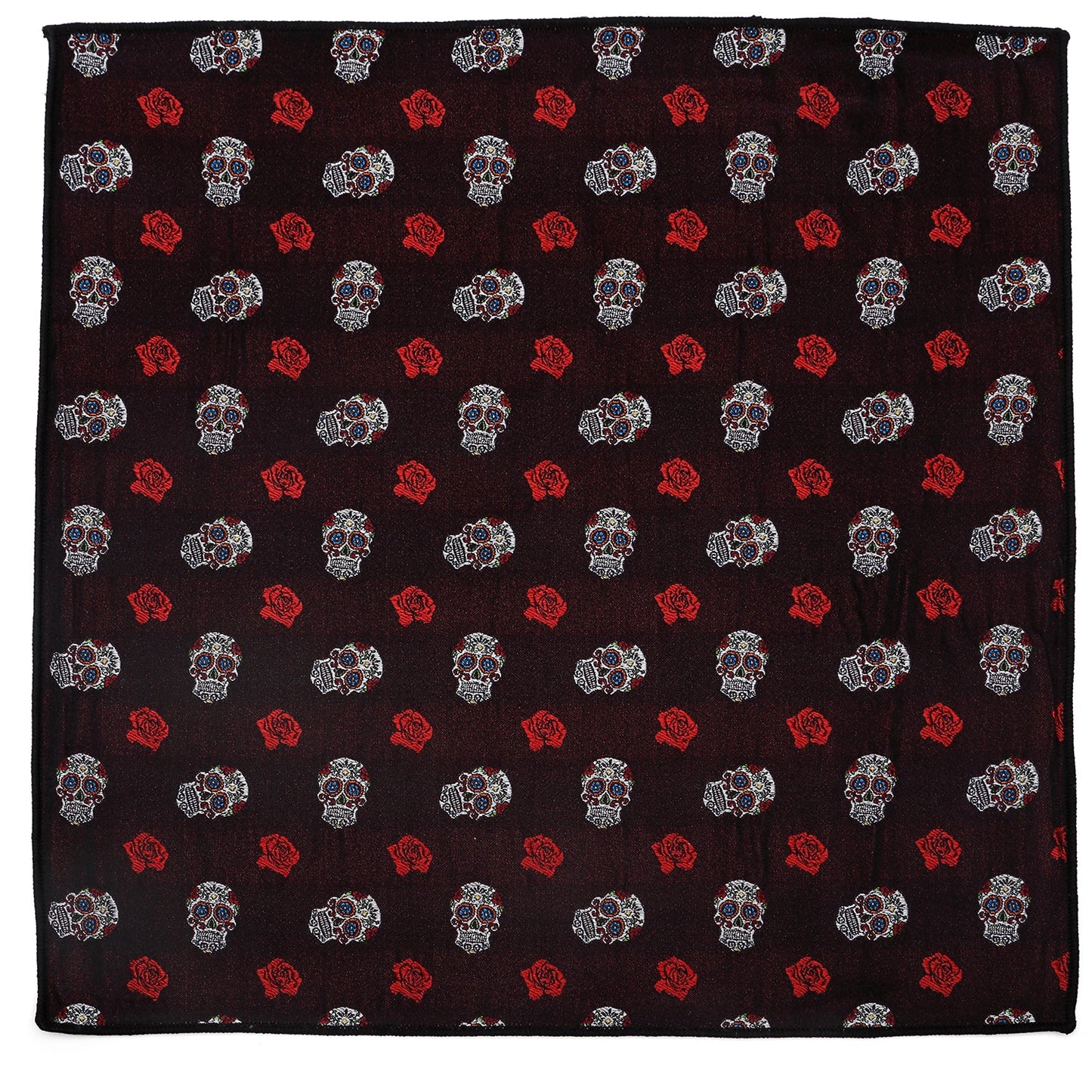 The Sugar Skull Pocket Square by Cufflinks.com features a dark red fabric with white skulls and red roses—perfect as a Day of the Dead or calavera accessory.