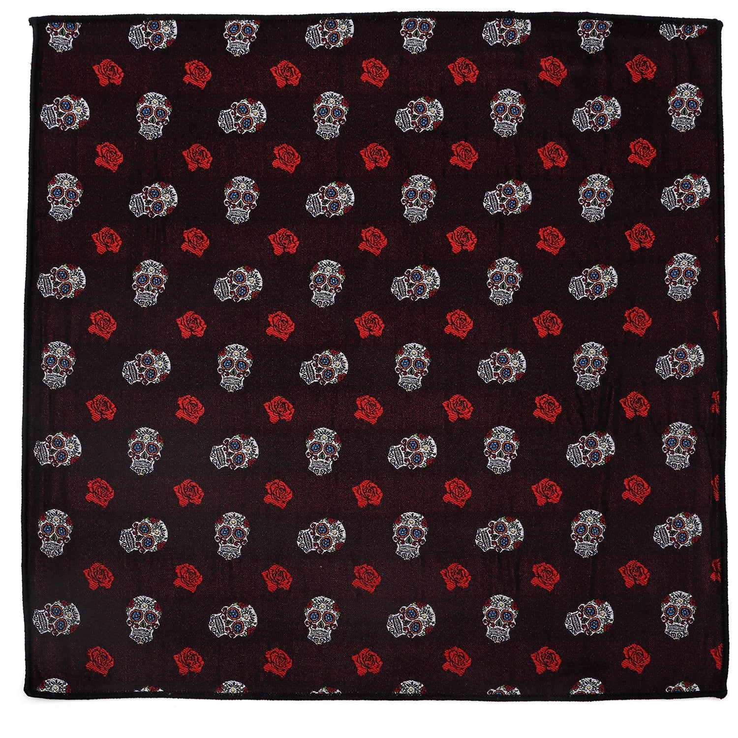 The Sugar Skull Pocket Square by Cufflinks.com features a dark red fabric with white skulls and red roses—perfect as a Day of the Dead or calavera accessory.