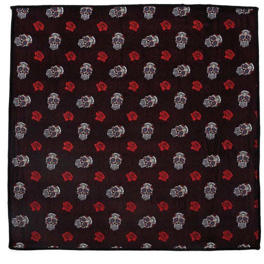 The Sugar Skull Pocket Square by Cufflinks.com features a dark red fabric with white skulls and red roses—perfect as a Day of the Dead or calavera accessory.