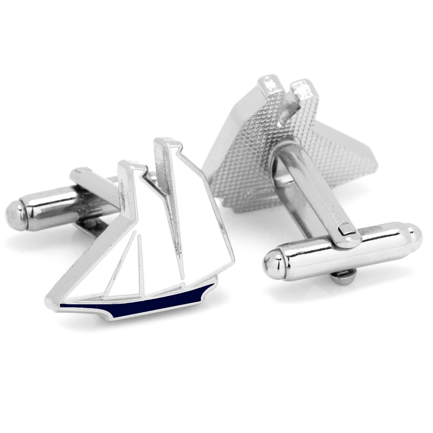Blue and White Sailboat Cufflinks by Cufflinks.com—silver cufflinks featuring white sails and a dark blue hull, perfect for any nautical enthusiast's style.