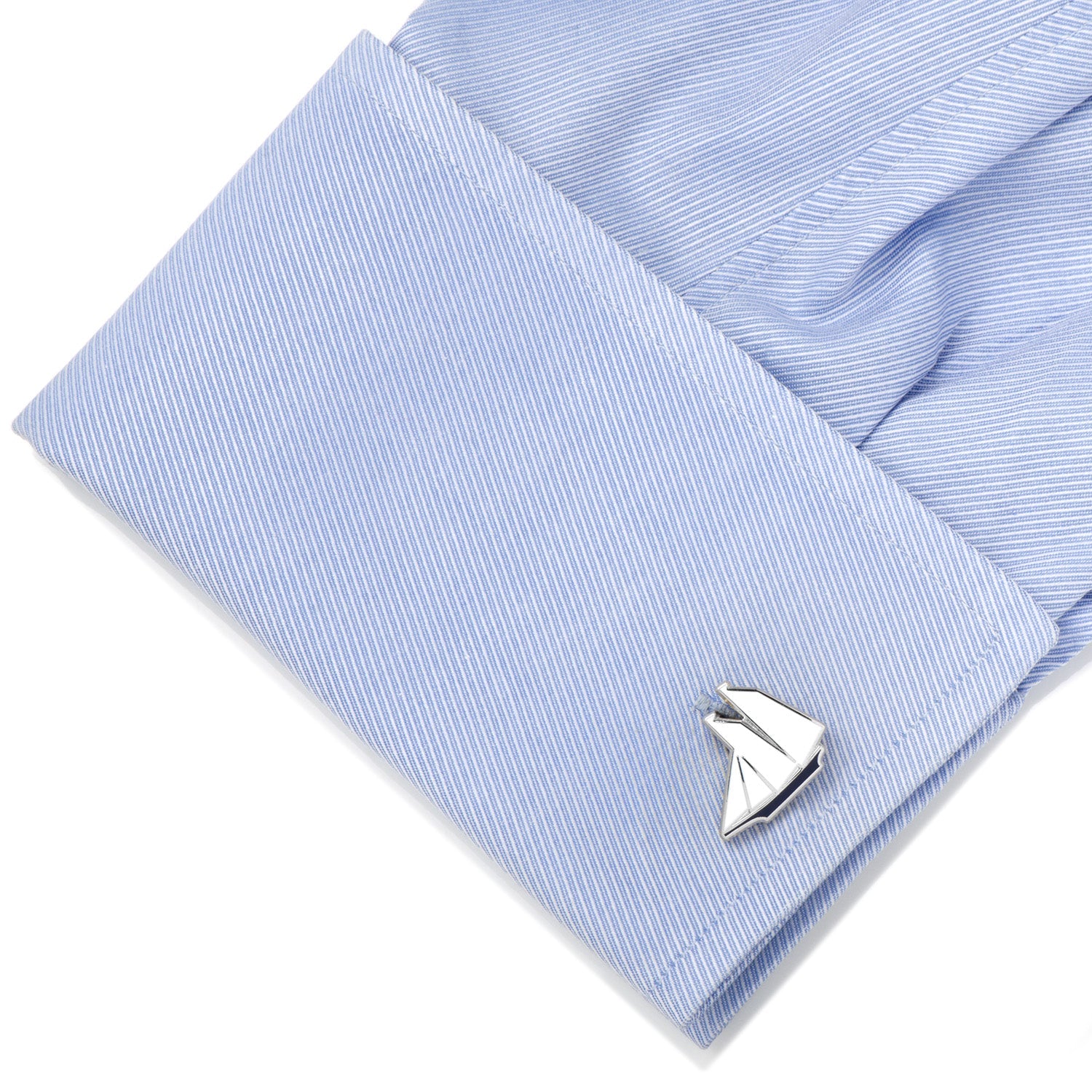 Blue and White Sailboat Cufflinks by Cufflinks.com—silver cufflinks featuring white sails and a dark blue hull, perfect for any nautical enthusiast's style.