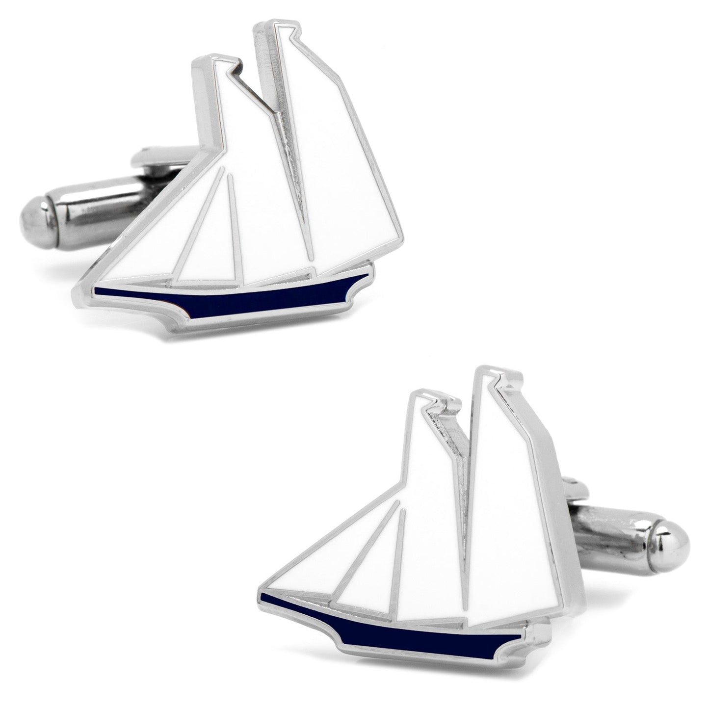 Blue and White Sailboat Cufflinks by Cufflinks.com—silver cufflinks featuring white sails and a dark blue hull, perfect for any nautical enthusiast's style.
