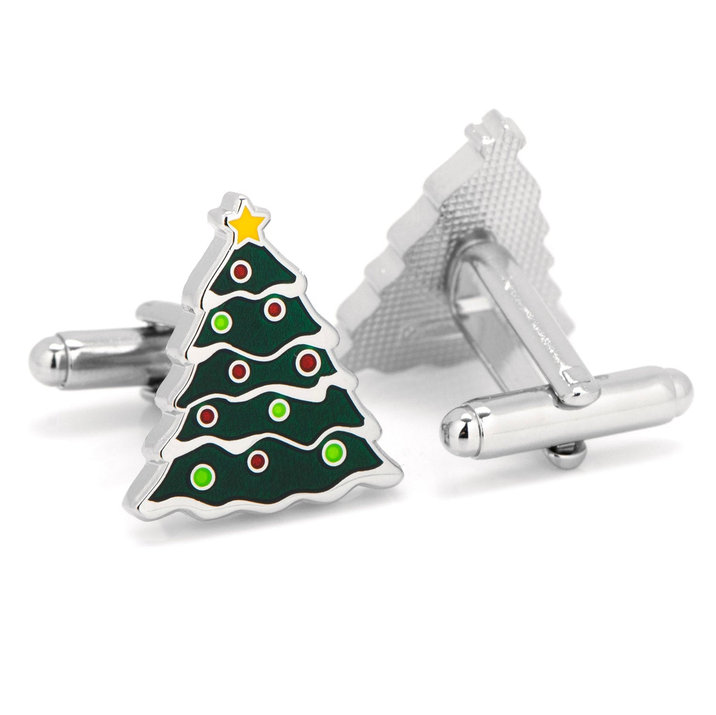 Christmas Tree Cufflinks by Cufflinks.com feature green, red, and white decorations with a yellow star—ideal for adding festive flair to your holiday attire or gifting in a seasonal box.