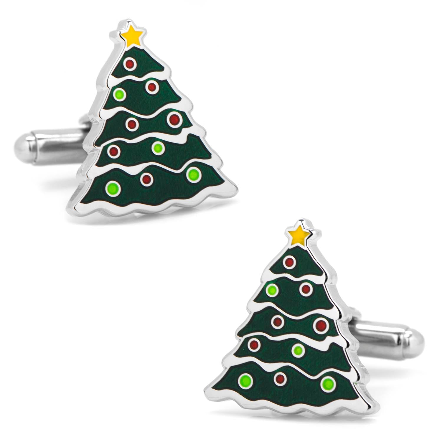 Christmas Tree Cufflinks by Cufflinks.com feature green, red, and white decorations with a yellow star—ideal for adding festive flair to your holiday attire or gifting in a seasonal box.