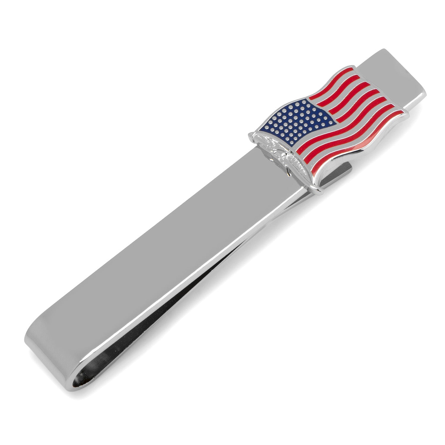 The Waving American Flag Tie Bar by Cufflinks.com features a wavy silver flag design, adding a patriotic touch to any outfit.