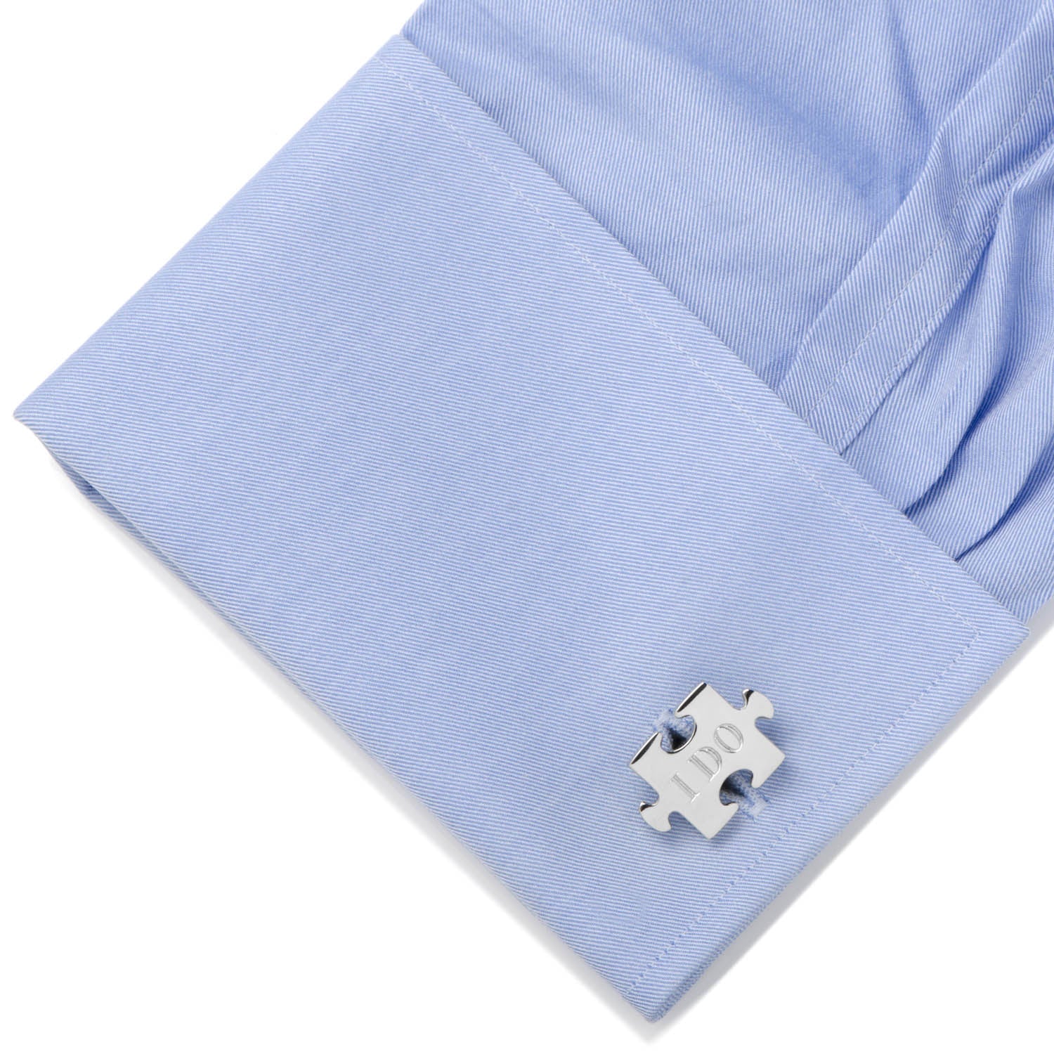 Celebrate your special day with the Wedding Puzzle Pieces Cufflinks Pair from Cufflinks.com—two silver cufflinks shaped like interlocking puzzle pieces, engraved with "She said Yes" and "I DO.