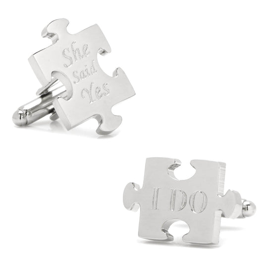 Celebrate your special day with the Wedding Puzzle Pieces Cufflinks Pair from Cufflinks.com—two silver cufflinks shaped like interlocking puzzle pieces, engraved with "She said Yes" and "I DO.