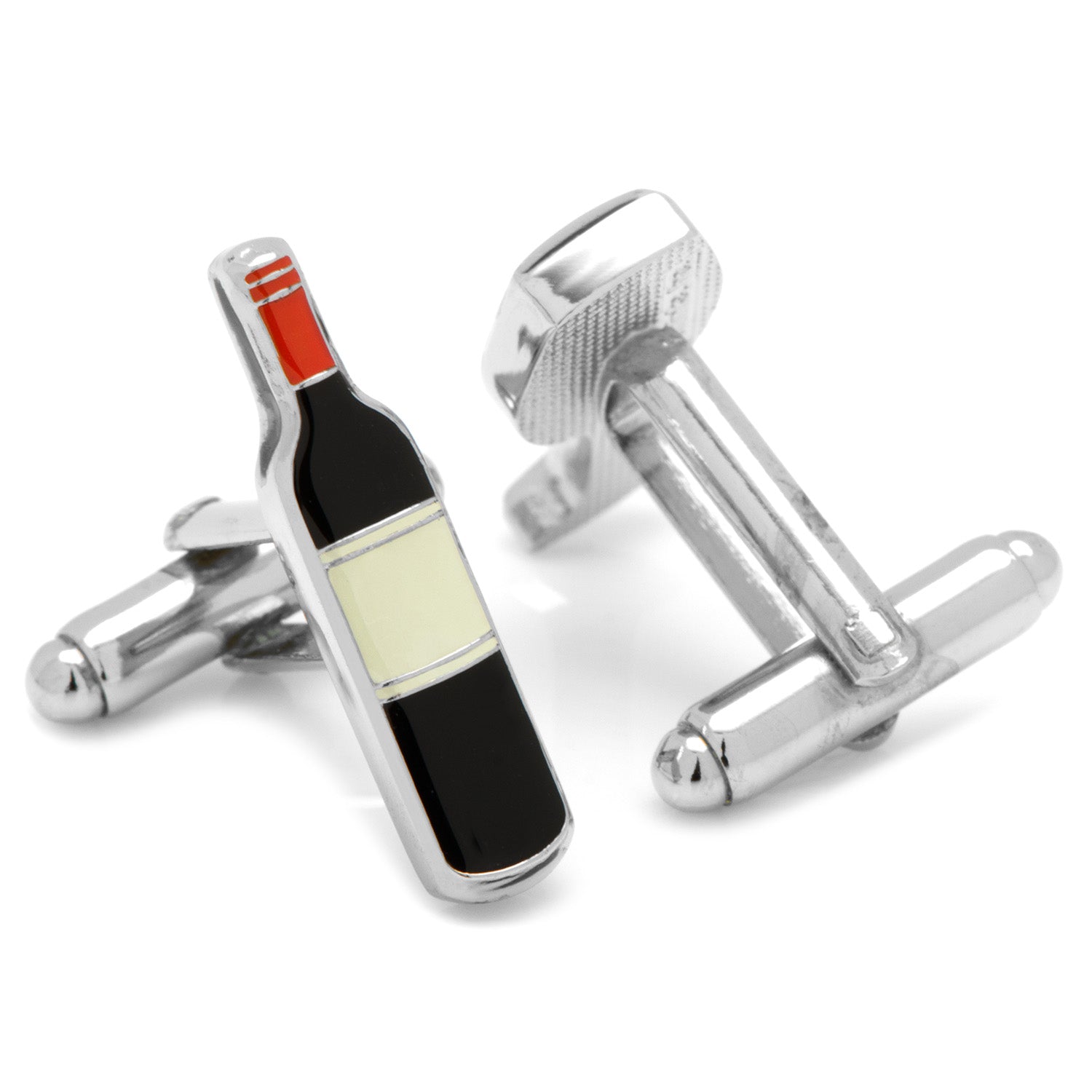 The Wine and Bottle Cufflinks by Cufflinks.com feature a silver-tone bottle with a blank label and a red wine-filled glass, making a fun, novelty set.